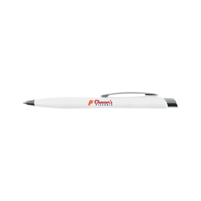 A white plastic pen with a silver clip and a branding logo in red.
