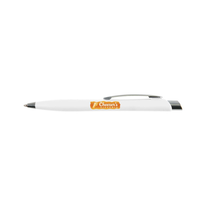 A white plastic pen with a silver clip and an orange logo on the side.