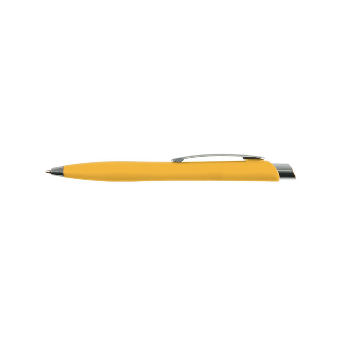 A yellow plastic pen with a silver clip and a smooth barrel design. It features a logo on the barrel.
