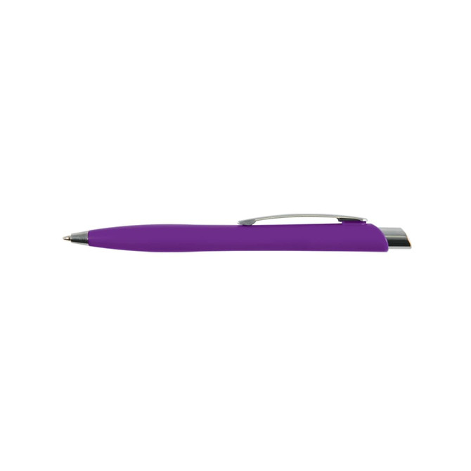 A purple plastic pen with a silver clip, featuring a sleek and modern design.