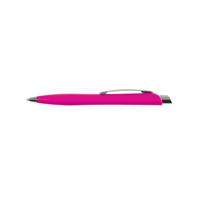 A pink plastic pen with a silver clip and a sleek design. It features a branding logo on its side.