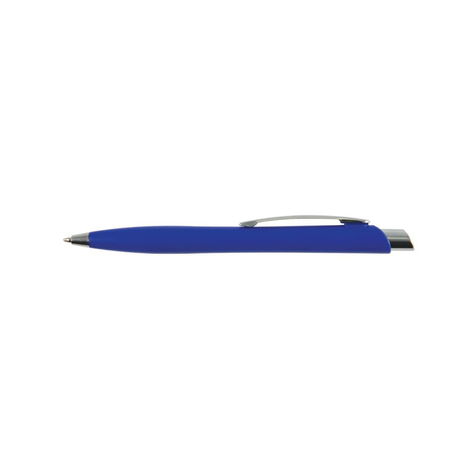 A blue plastic pen with a silver clip and a smooth, curved design. The pen features a sleek, modern look.