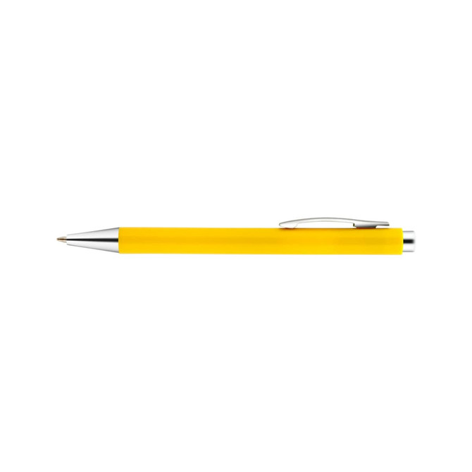 A yellow plastic pen with a silver clip and silver accents. It has a sleek, smooth design and a rounded tip.