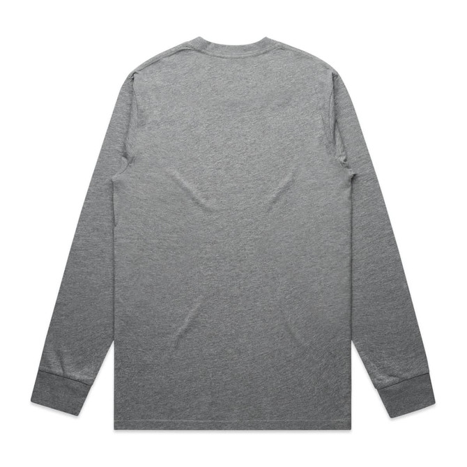 A long-sleeve grey T-shirt featuring a simple design with a logo on the back.