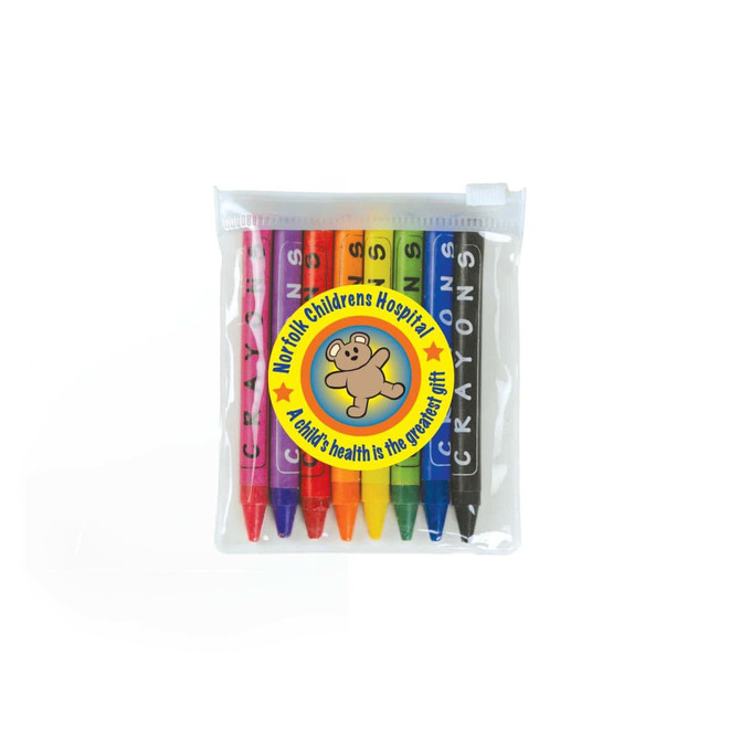 A PVC zipper pouch containing six coloured crayons in various vibrant colors, featuring a logo on the front.
