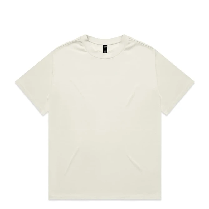 A plain white t-shirt with short sleeves, featuring a simple design and a brand logo on the label.