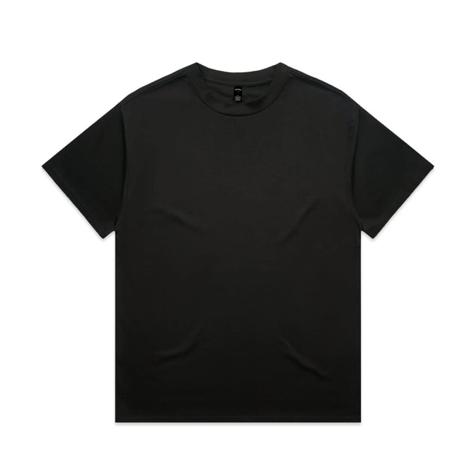 A black heavy tee shirt with a crew neck and short sleeves. The design includes a logo on the label.