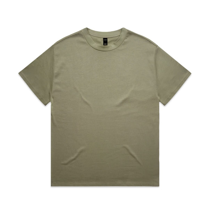 A heavy olive green T-shirt with a classic crew neckline and short sleeves. It features a logo placement.