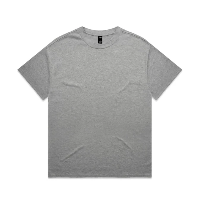 A plain grey t-shirt with short sleeves and a tag at the neckline. It features a simple design and has a logo.