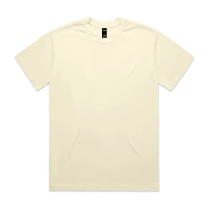 A cream-coloured Heavy Tee t-shirt featuring a simple design and a logo on the label.