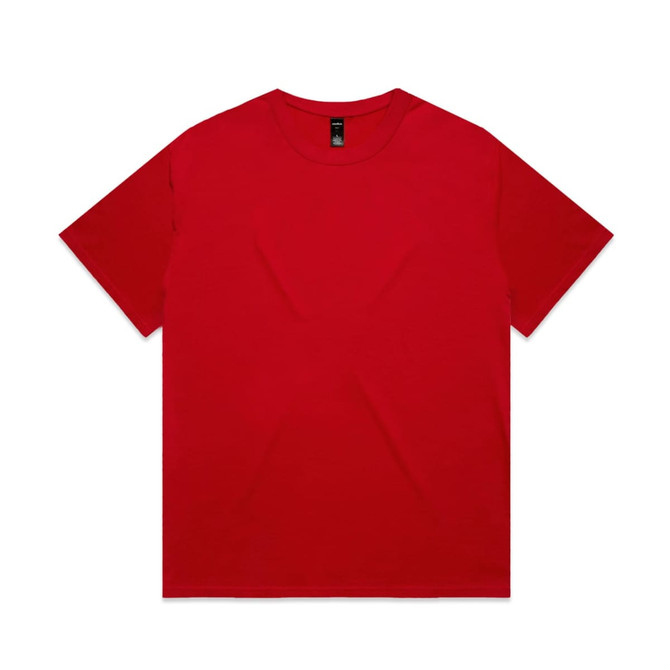 A red heavy tee t-shirt with short sleeves and a brand logo on the label.