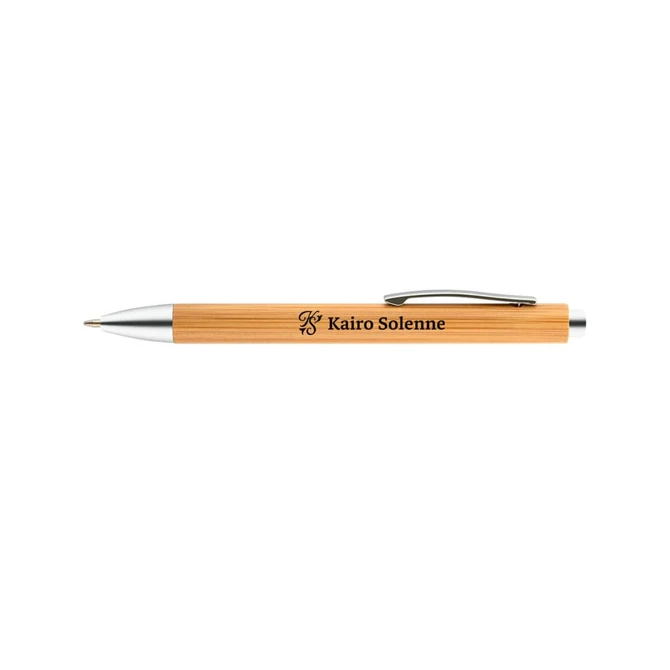 A bamboo pen with a silver clip and tip, featuring a logo or branding on the barrel.