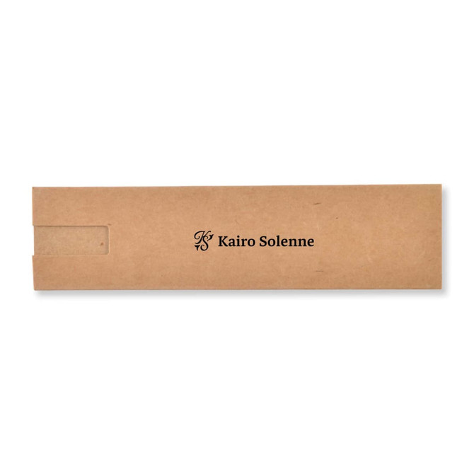 A brown cardboard box featuring a logo, designed for packaging a pen or similar item.