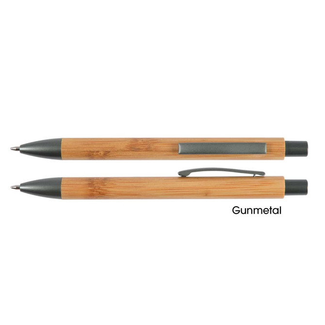 A bamboo pen with gunmetal accents, featuring a sleek design and a clip. It has a logo on the barrel.