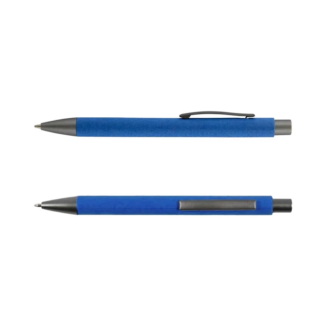A blue Aspen Paper Pen with a textured grip and a clip, featuring a sleek grey barrel.