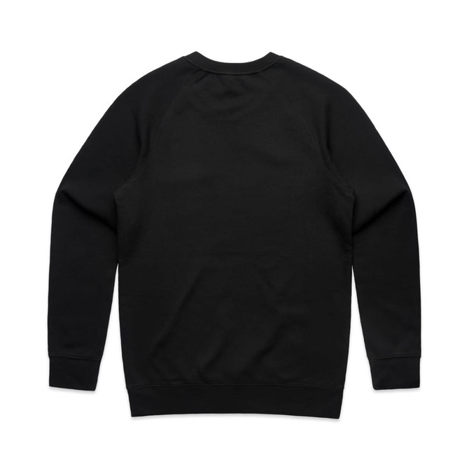 A black jumper features a simple and smooth design with a round neckline and long sleeves. It has a logo on the back.