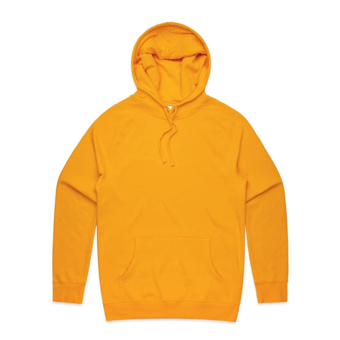 A bright yellow hoodie featuring a front pocket and a drawstring hood. It includes a logo.