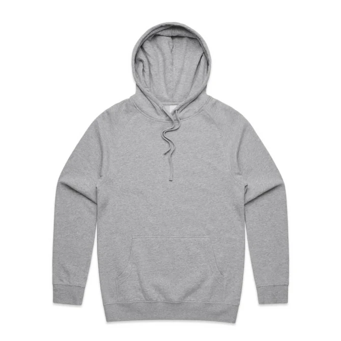 A grey hoodie with a front pocket and a drawstring hood, featuring a logo on one side.