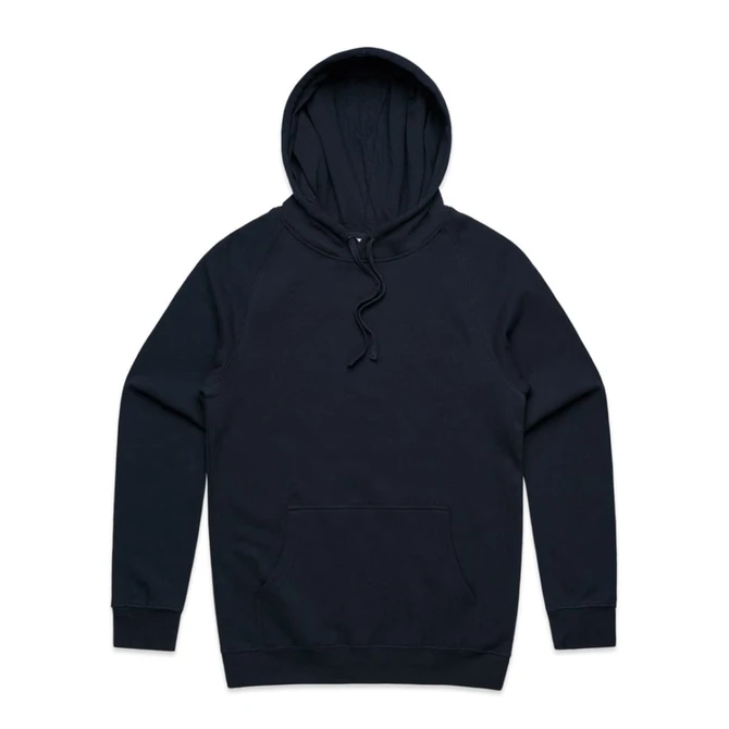 A black hoodie with a drawstring and a front kangaroo pocket, featuring a branding logo.