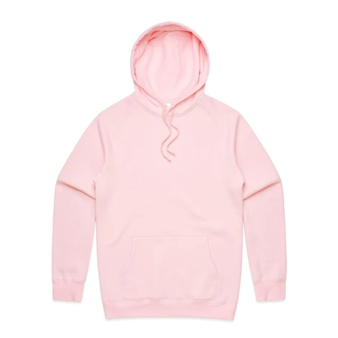 A pink hoodie with a front pocket and a hood, featuring a logo on the chest area.