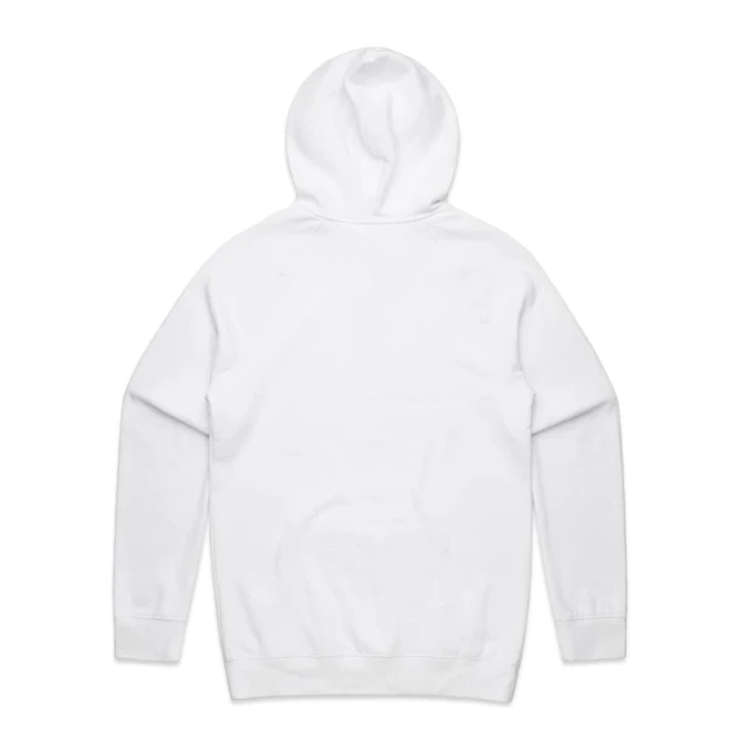 A white hoodie with a front pocket and a large hood, featuring a logo on the back.