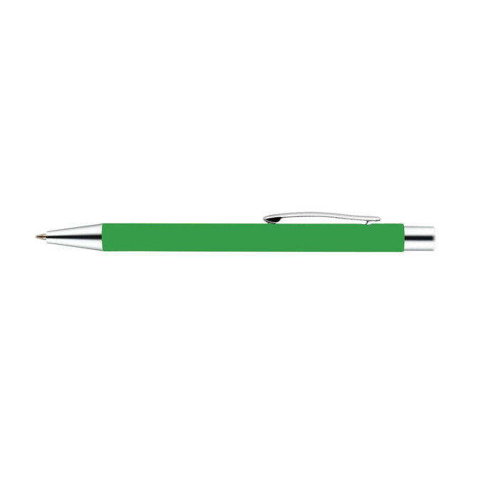 A green aluminium pen with a silver clip. The pen features a sleek, modern design and has a logo.