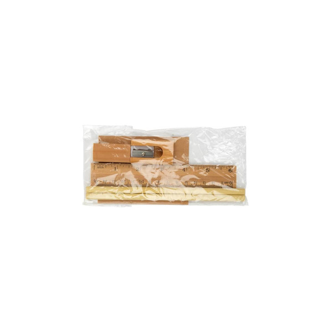 A stationery set featuring a wooden ruler, a pencil sharpener, and pencils, all packaged in a sealed plastic bag.