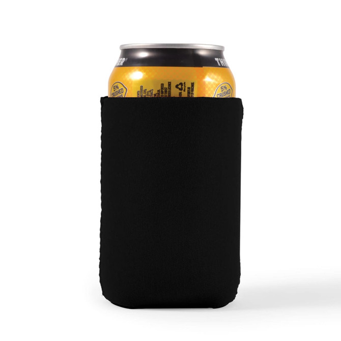 A stubby cooler in black, holding a can of drink. The cooler has a smooth texture and is designed for insulation.