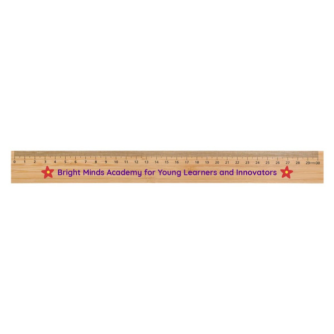 A bamboo 30cm ruler featuring a logo and red star accents. Wood finish with measurement markings in black.