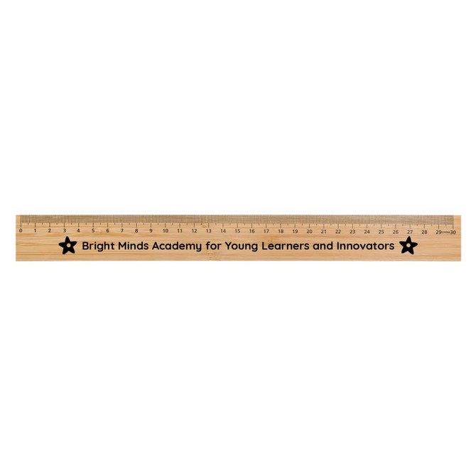 A bamboo 30cm ruler featuring black markings and a logo, designed for office and business use.