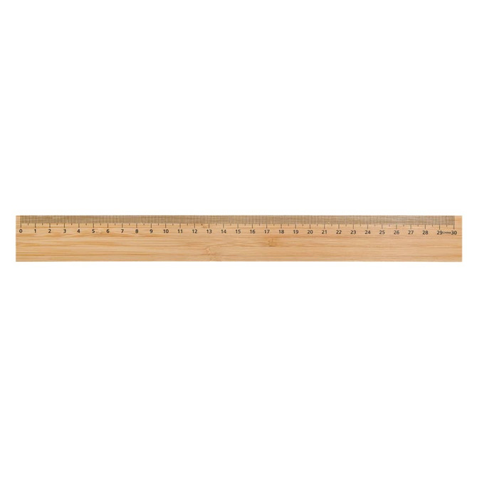 A bamboo 30cm ruler in a natural wood finish with numbered markings for measurement.