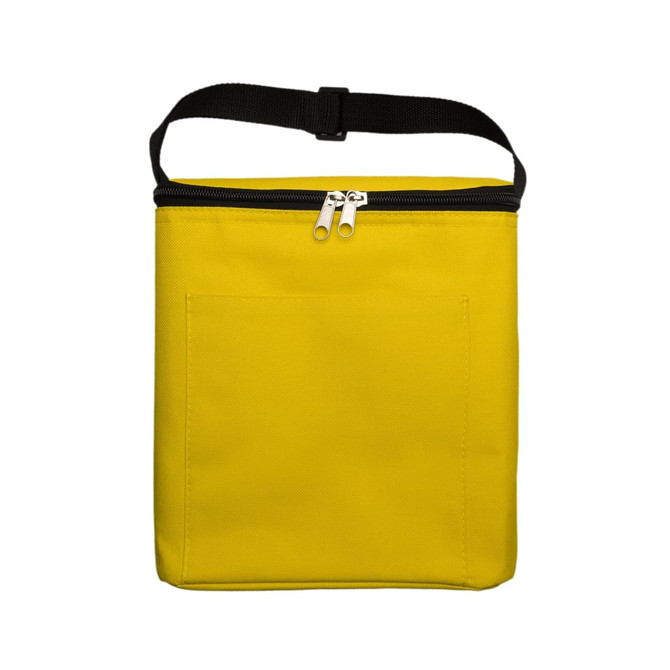 A yellow cooler bag with a zippered top and a black strap, featuring an exterior pocket on the front.
