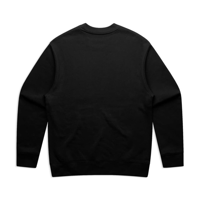 A black sweater with a crew neckline and long sleeves, featuring a plain back and a subtle logo.