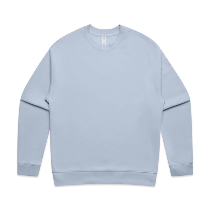 A light blue sweater featuring a round neckline and long sleeves, with a small logo on the label.
