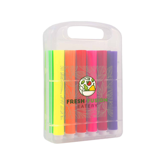 A pack of felt tip pens in bright green, yellow, orange, pink, and purple, housed in a clear case with a handle.