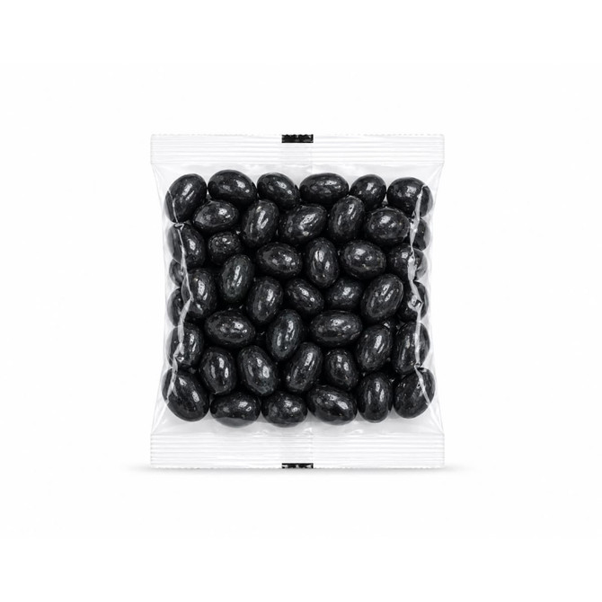 A clear cello bag filled with shiny black jelly beans, neatly packaged.