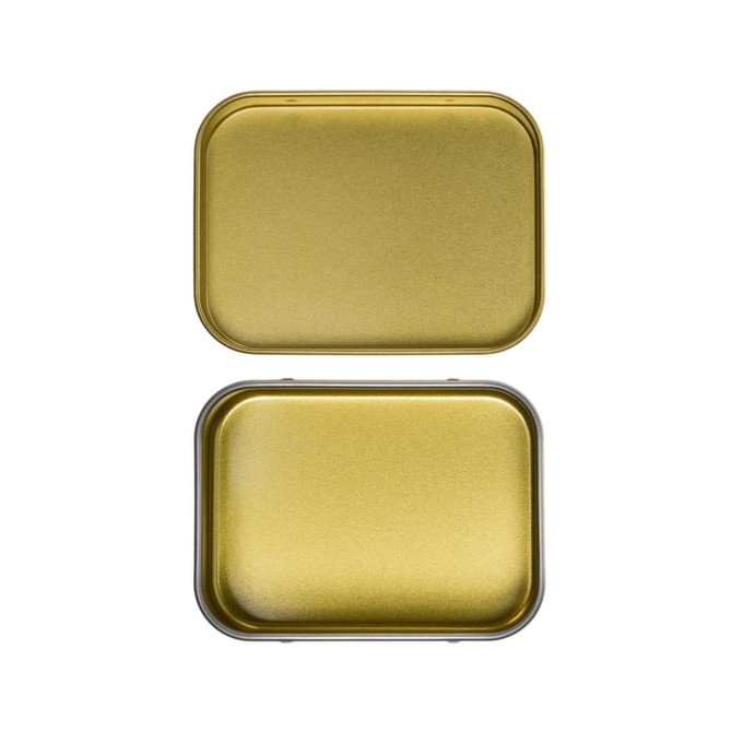 A silver rectangular tin with a smooth, metallic finish, featuring a hinged lid for secure closure.