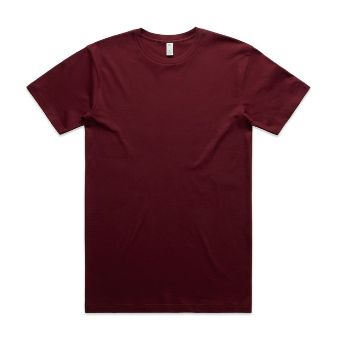 A maroon block tubular tee with a round neck and short sleeves. It features a logo on the label.