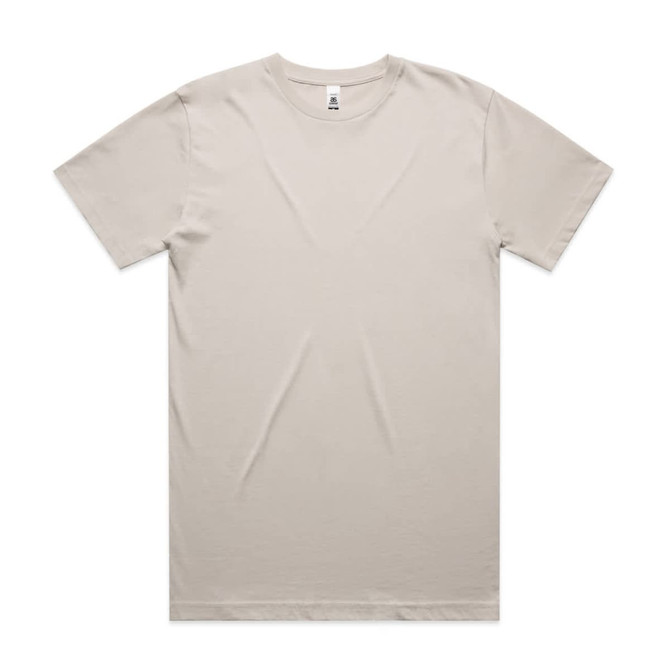 A beige Block Tubular Tee t-shirt featuring short sleeves and a crew neckline, with a small logo on the label.