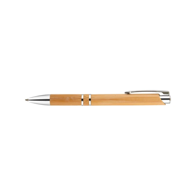 A bamboo pen with silver accents, featuring a sleek design and a metal clip. It has a natural wood finish.
