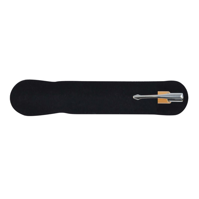 A bamboo pen with a silver tip displayed on a black background. The pen includes a holder.