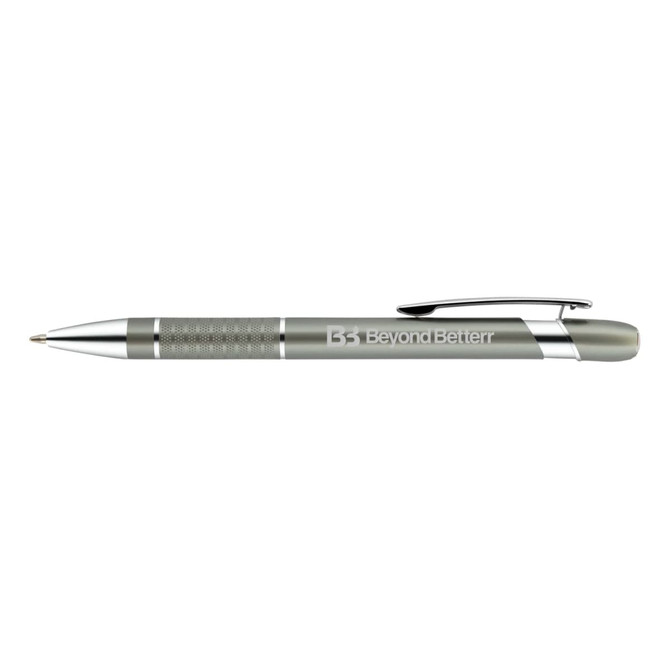 A metal pen in silver and grey, featuring a textured grip and a clip. The pen has a logo on its side.