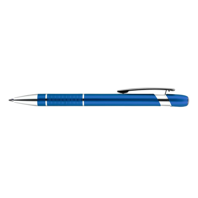 A blue aluminium pen with silver accents and a clip, featuring a branding logo.