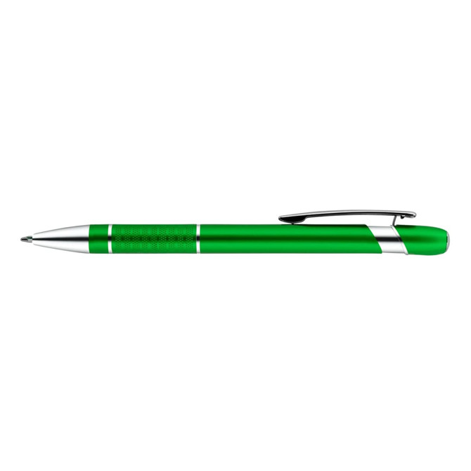 A green aluminium pen with silver accents and a clip, designed for writing. It has a textured grip.
