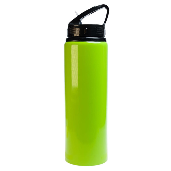 A drink bottle in vibrant lime green with a black flip straw lid and a handle for easy carrying.