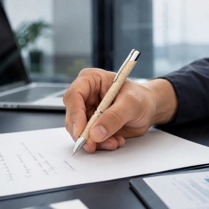 A hand holds a cream and silver eco pen over a sheet of paper on a desk with a laptop and documents.