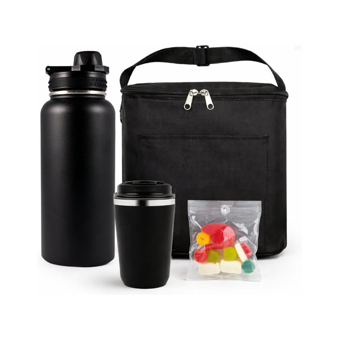 A drink bottle and a travel mug in matte black, alongside a cooler bag and a ziplock with assorted coloured gummies.