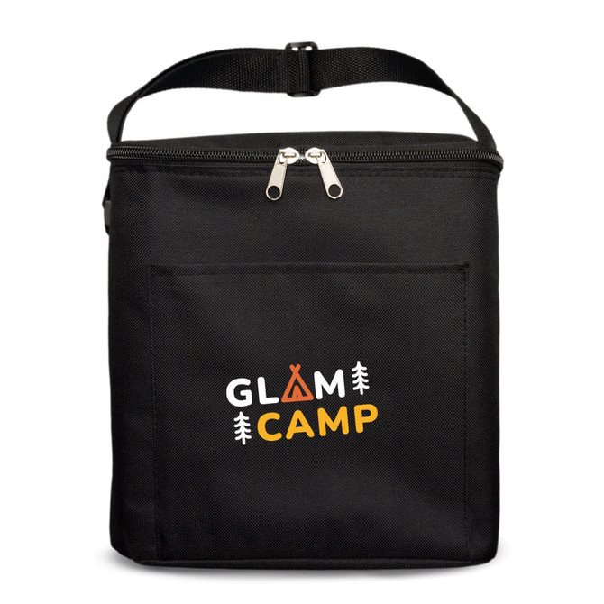 A black insulated bag with a zip closure and a front pocket, featuring a logo.