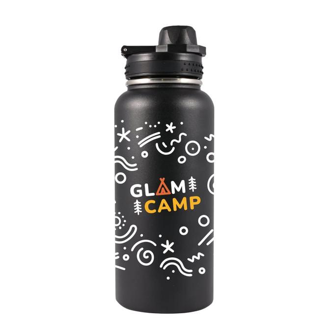 A black drink bottle with a design featuring swirling patterns and a logo. It has a secure screw-top lid.