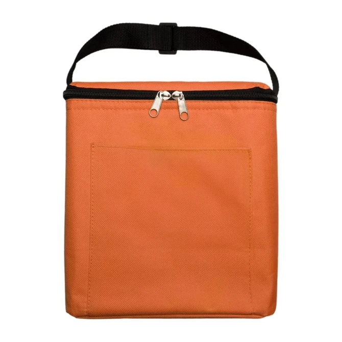 An orange insulated bag with a black zipper and a handle, featuring a front pocket.
